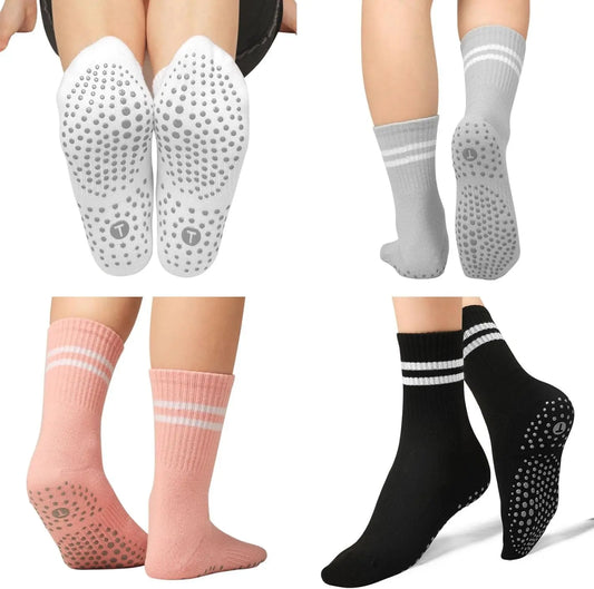 Women's Non Slip Pilates Socks with Grippers - Soft Cotton Blend Crew Socks for Yoga & Home