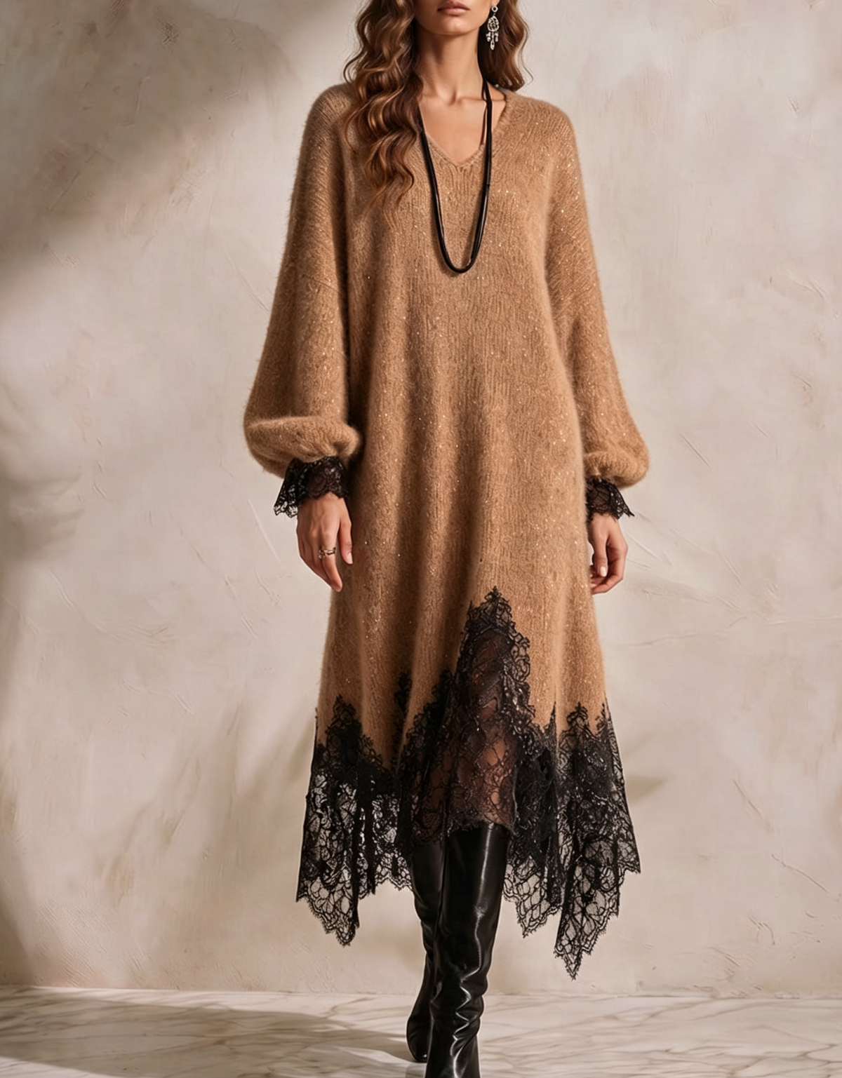 🤲LAST DAY SAVE 49% ⏰Women's V-neck Long-sleeve Casual Loose-fit Knit Dress With Lace Paneling And Subtle Shimmer