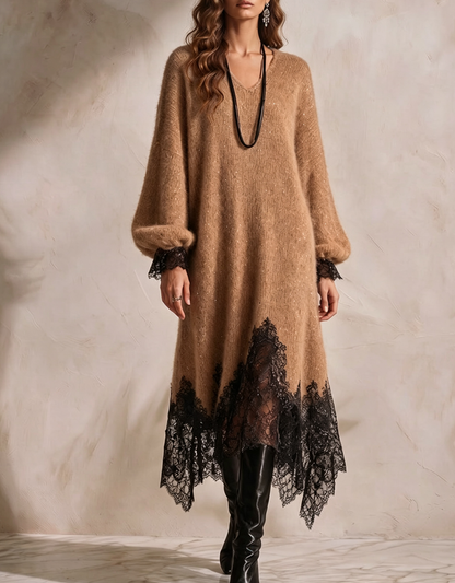 🤲LAST DAY SAVE 49% ⏰Women's V-neck Long-sleeve Casual Loose-fit Knit Dress With Lace Paneling And Subtle Shimmer