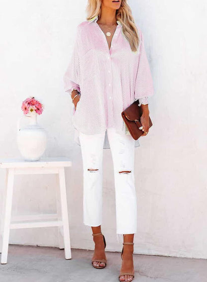 🤲🔥2026 Clearance Item🔥Women's pleated cuffs striped shirt with pockets and casual collar