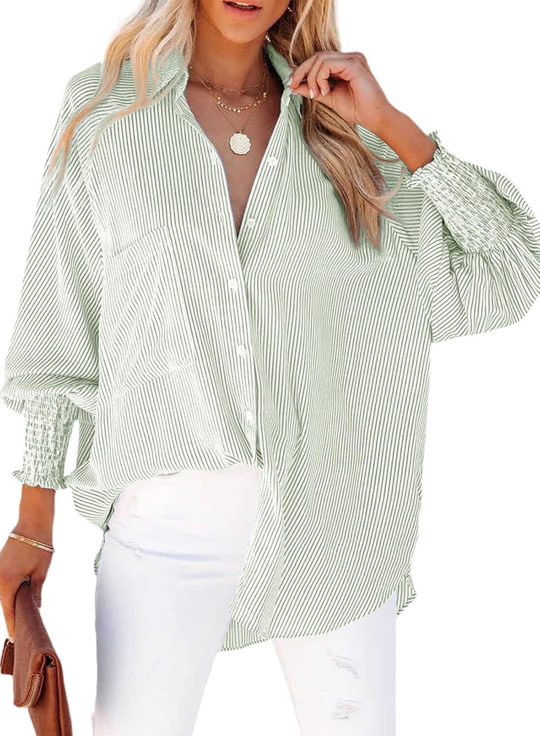 🤲🔥2026 Clearance Item🔥Women's pleated cuffs striped shirt with pockets and casual collar
