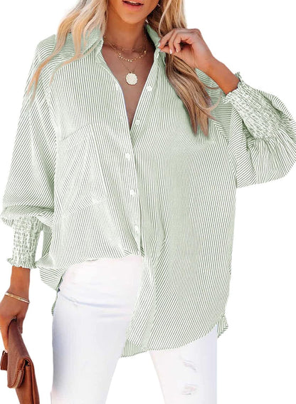 🤲🔥2026 Clearance Item🔥Women's pleated cuffs striped shirt with pockets and casual collar