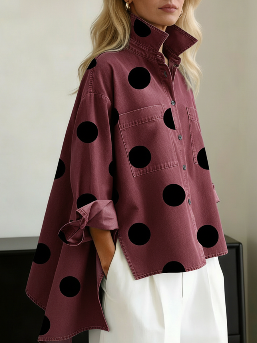 🤲LAST DAY SAVE 49% ⏰Elegant Artistic Polka Dot Print Stand-collar Denim Top