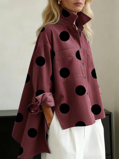 🤲LAST DAY SAVE 49% ⏰Elegant Artistic Polka Dot Print Stand-collar Denim Top