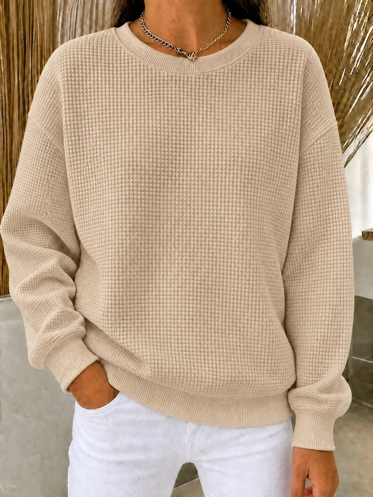 💚CLEARANCE SALE🔥Women's Waffle Knit Crewneck Sweatshirt
