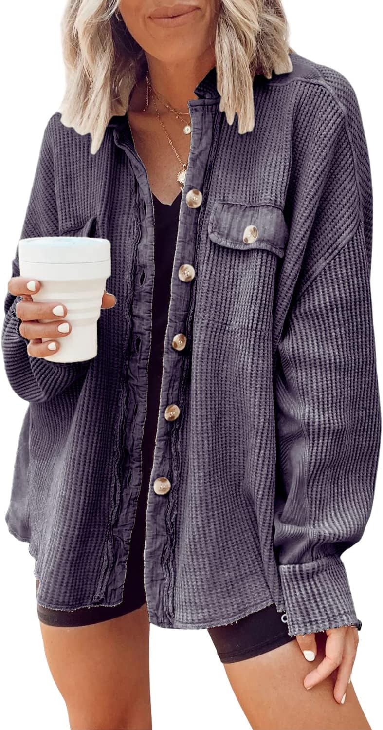 🤲✨ Women's Oversized Waffle Knit Shacket 🧶 – Batwing Sleeve Button Down Casual Shirt Jacket 🍂🤎