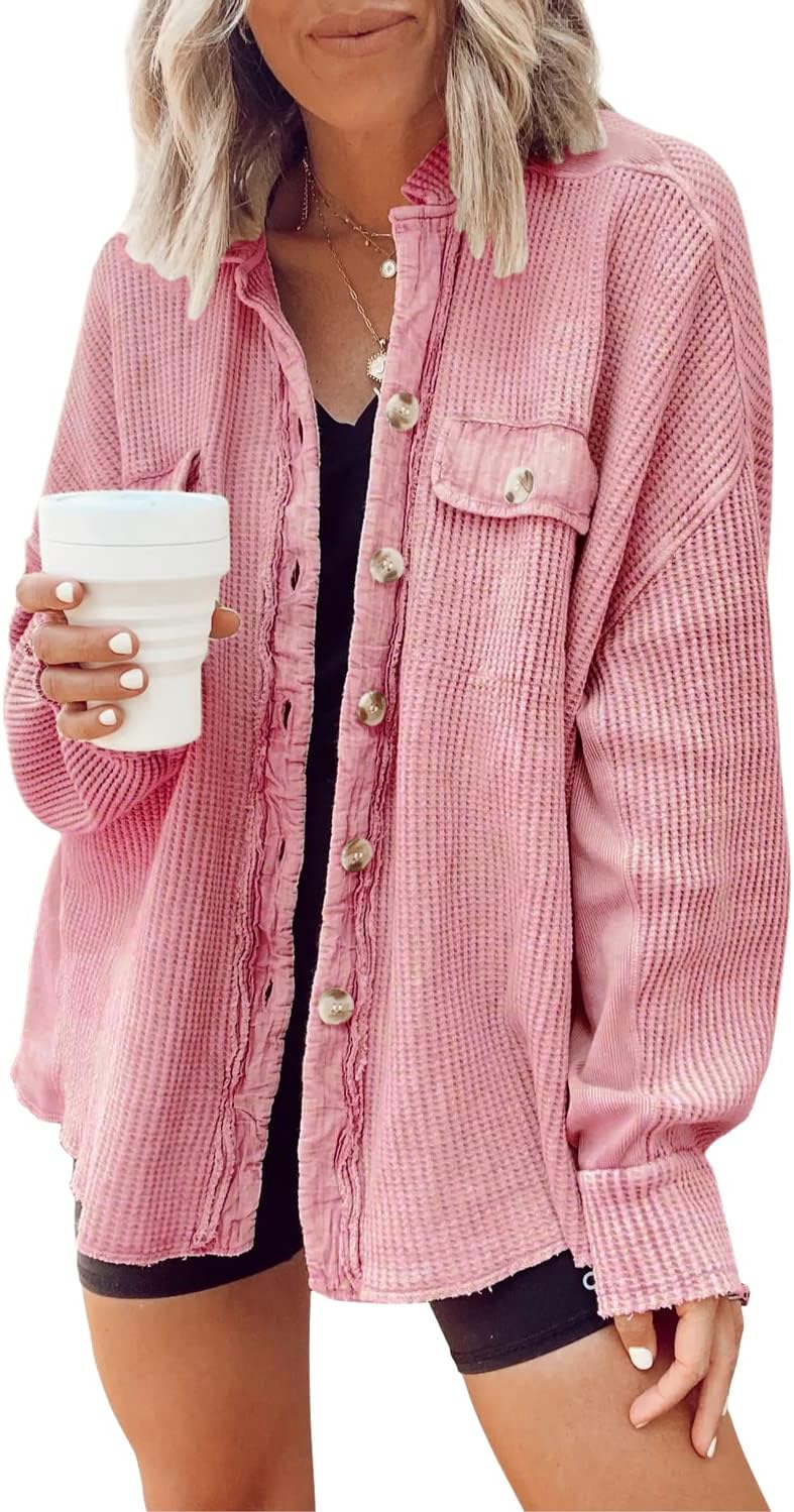 🤲✨ Women's Oversized Waffle Knit Shacket 🧶 – Batwing Sleeve Button Down Casual Shirt Jacket 🍂🤎