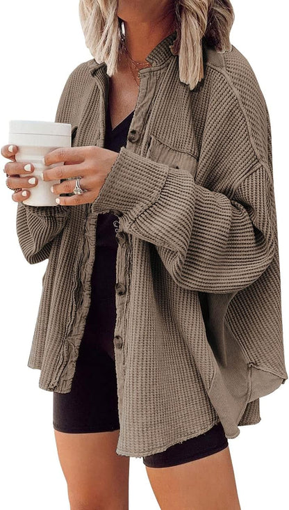 🤲✨ Women's Oversized Waffle Knit Shacket 🧶 – Batwing Sleeve Button Down Casual Shirt Jacket 🍂🤎
