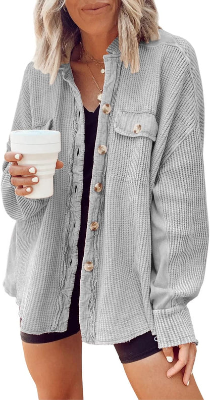 🤲✨ Women's Oversized Waffle Knit Shacket 🧶 – Batwing Sleeve Button Down Casual Shirt Jacket 🍂🤎