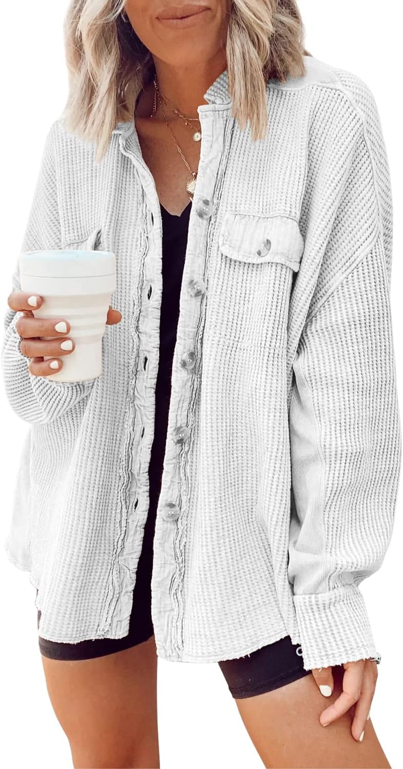 🤲✨ Women's Oversized Waffle Knit Shacket 🧶 – Batwing Sleeve Button Down Casual Shirt Jacket 🍂🤎