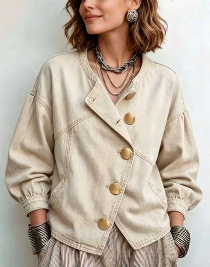 🤲LAST DAY SAVE 49% ⏰Asymmetrical Slant Gold Button Lantern Sleeve Denim Jacket
