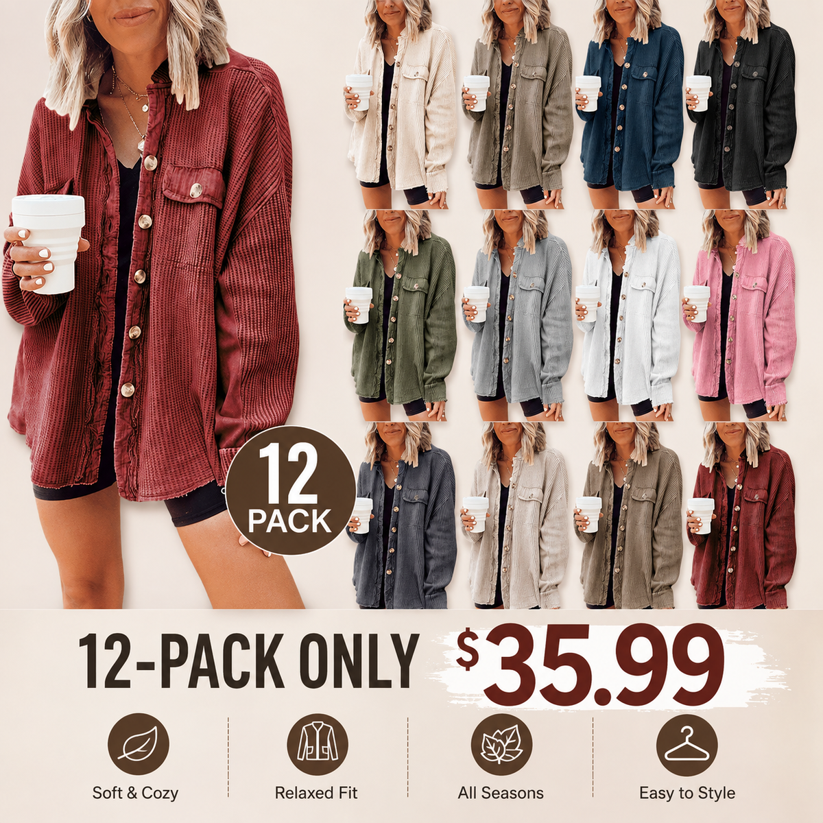 🤲✨ Women's Oversized Waffle Knit Shacket 🧶 – Batwing Sleeve Button Down Casual Shirt Jacket 🍂🤎