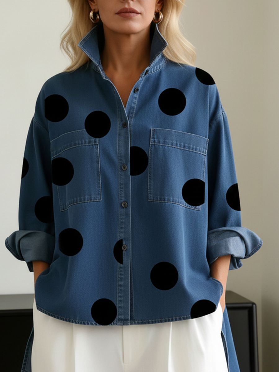 🤲LAST DAY SAVE 49% ⏰Elegant Artistic Polka Dot Print Stand-collar Denim Top