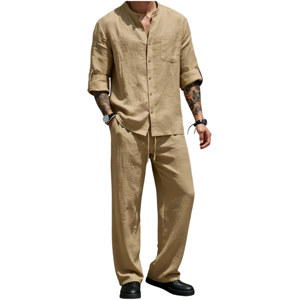 💚Men's Linen Stand Collar Long Sleeve Button Shirt & Straight Leg Belted Pants Set