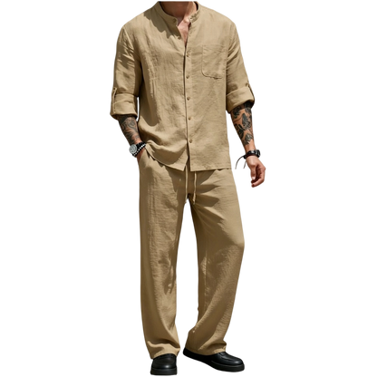 💚Men's Linen Stand Collar Long Sleeve Button Shirt & Straight Leg Belted Pants Set