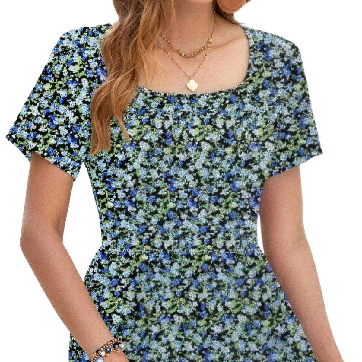 🤲Women Square Neck Ditsy Floral Dress, Ruffle Empire Waist A-Line Sundress With Pockets
