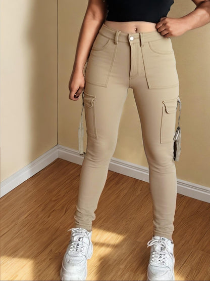 🤲🔥MID YEAR SALE🔥Women's Plain Multi-pocket Denim Elastic Slim Fit Button Cargo Denim Pants