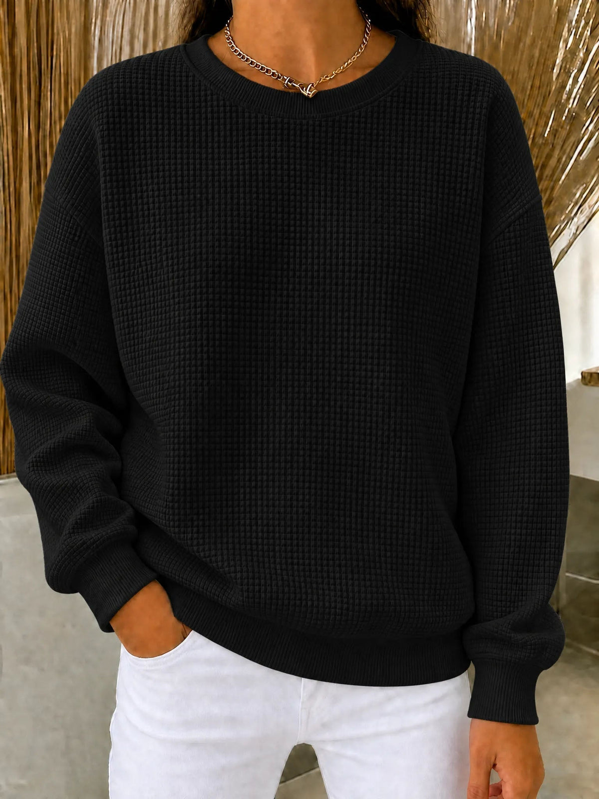 💚CLEARANCE SALE🔥Women's Waffle Knit Crewneck Sweatshirt