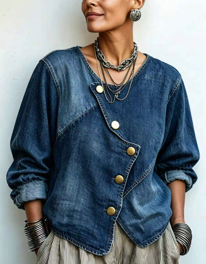 🤲LAST DAY SAVE 49% ⏰Artisti Cozy Asymmetrical Denim Blouse