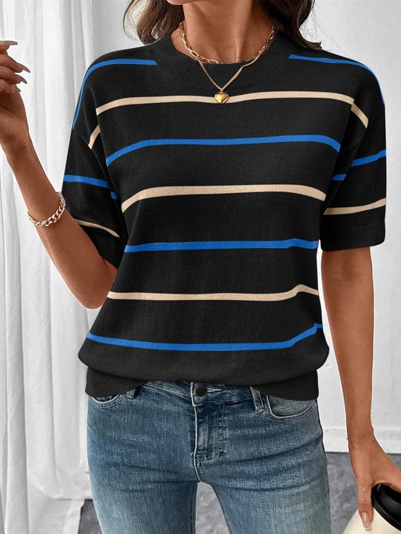 Women's Striped Knit Short Sleeve Pullover