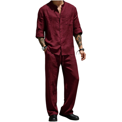 💚Men's Linen Stand Collar Long Sleeve Button Shirt & Straight Leg Belted Pants Set
