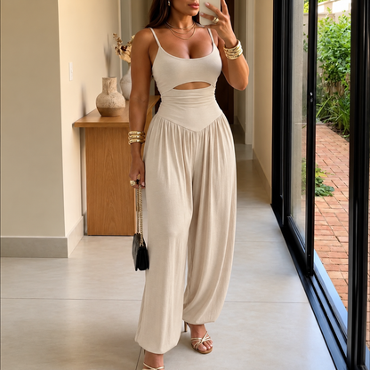 🌷 Sleeveless Cutout Wide Leg Jumpsuit with Adjustable Back Tie