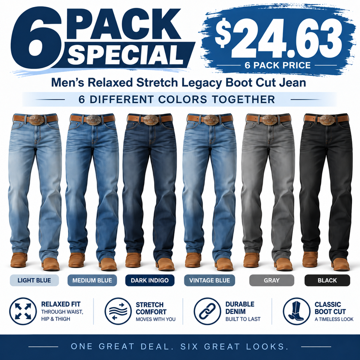 🤲 BESTSELLER | 6PCS $24.63 |  Men's  Relaxed Stretch Legacy Boot Cut Jean