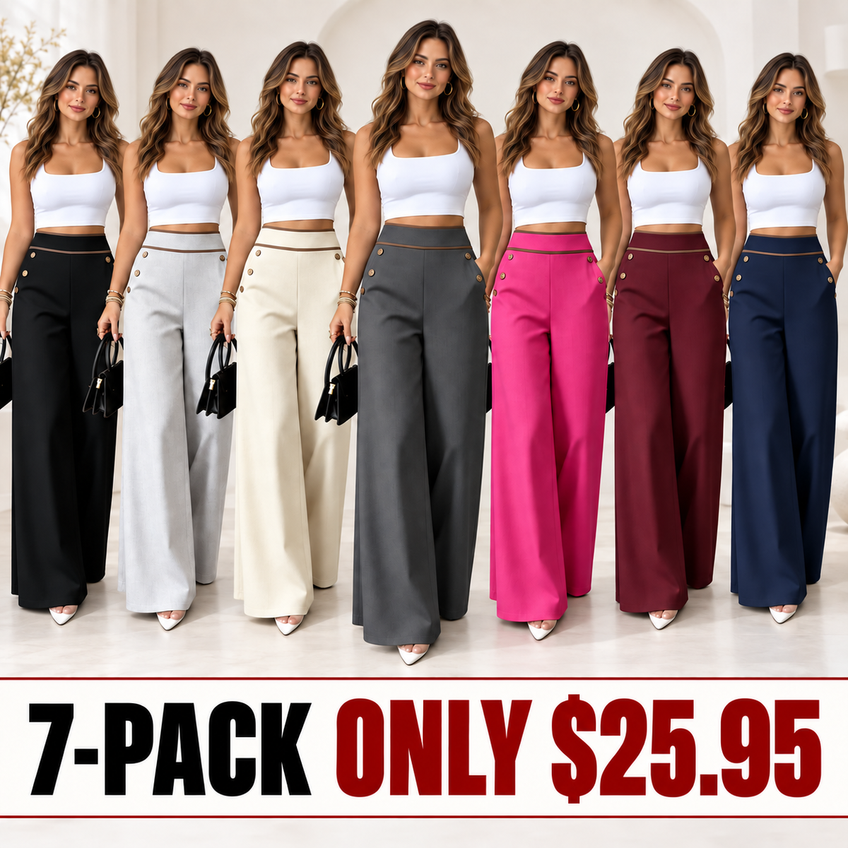 🤲Top Rated 🌿🛍️ Contrast-Trim Wide-Leg Pants – legant Drape & Flattering High-Rise