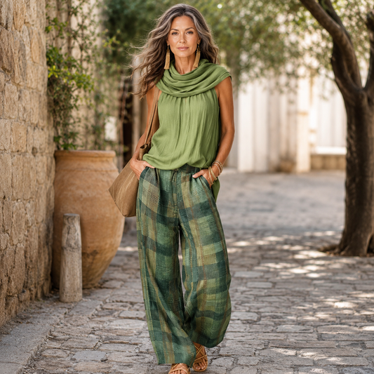 🌷Women's Vintage-Inspired Casual Chic Sleeveless Top And Plaid Trousers Set