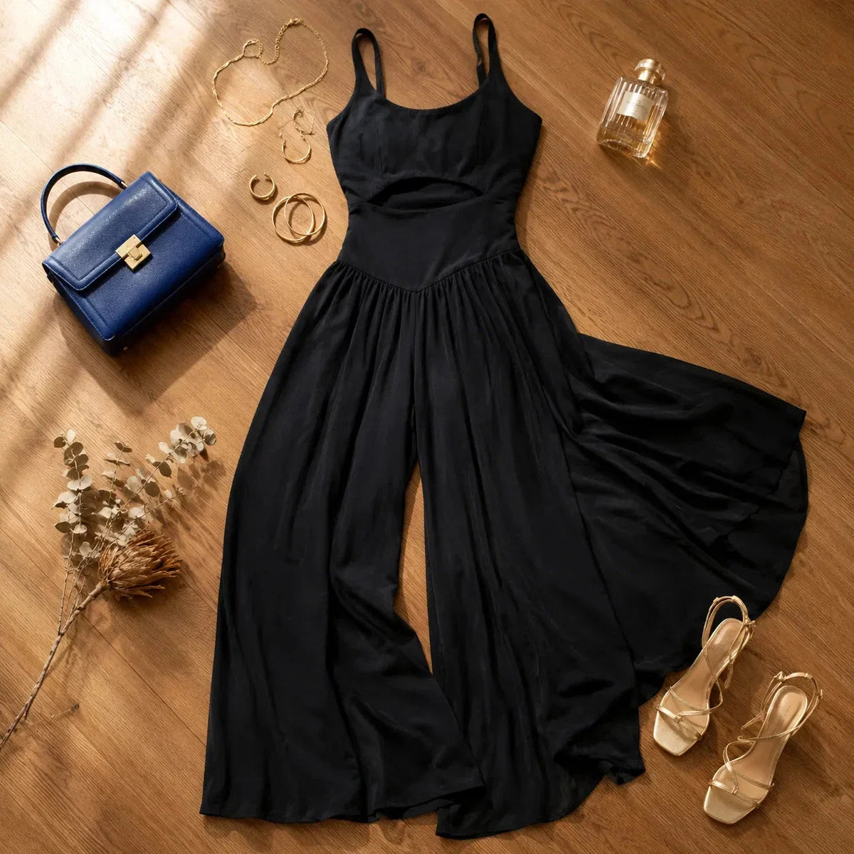 🌷 Sleeveless Cutout Wide Leg Jumpsuit with Adjustable Back Tie