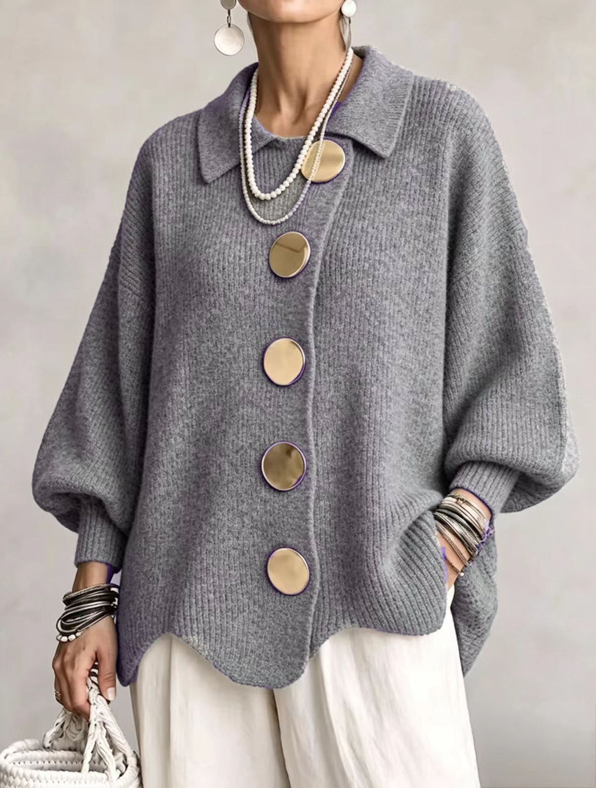 🤲LAST DAY SAVE 49% ⏰Oversized Collared Knit Cardigan With Large Metal Buttons