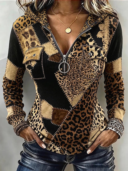 🤲LAST DAY SAVE 49% ⏰Chic Animal Patchwork Print Ribbed Hooded Top