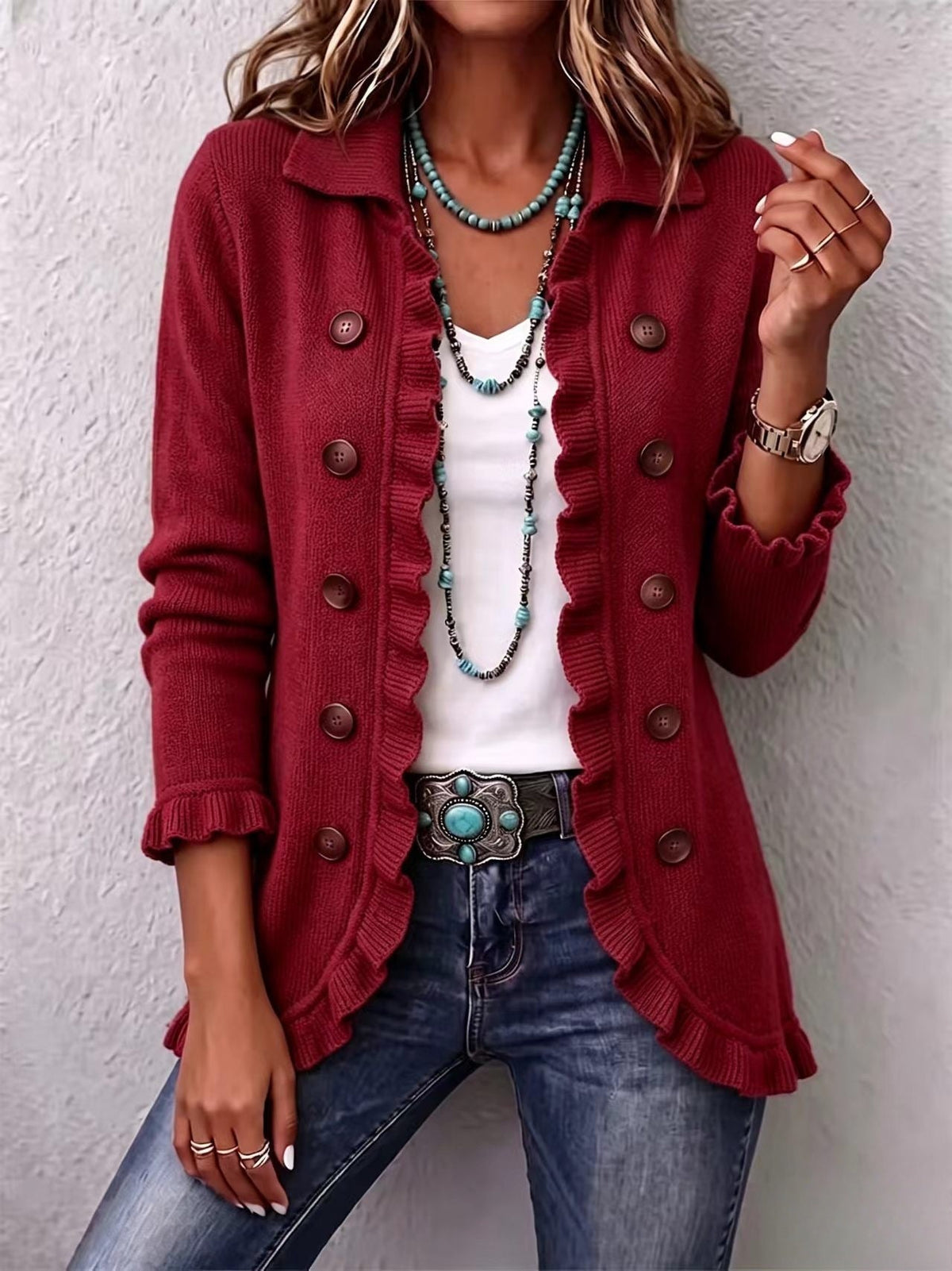 🤲LAST DAY SAVE 49% ⏰Turquoise Ruffle Trim Double-Breasted Knit Cardigan