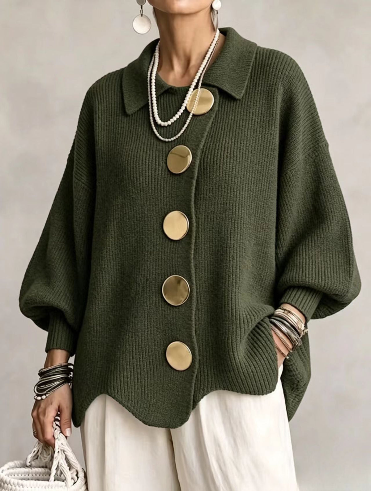 🤲LAST DAY SAVE 49% ⏰Oversized Collared Knit Cardigan With Large Metal Buttons