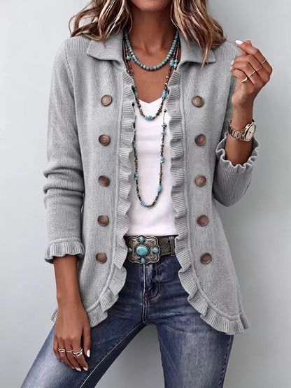 🤲LAST DAY SAVE 49% ⏰Turquoise Ruffle Trim Double-Breasted Knit Cardigan