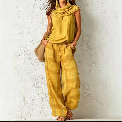 🌷Women's Vintage-Inspired Casual Chic Sleeveless Top And Plaid Trousers Set