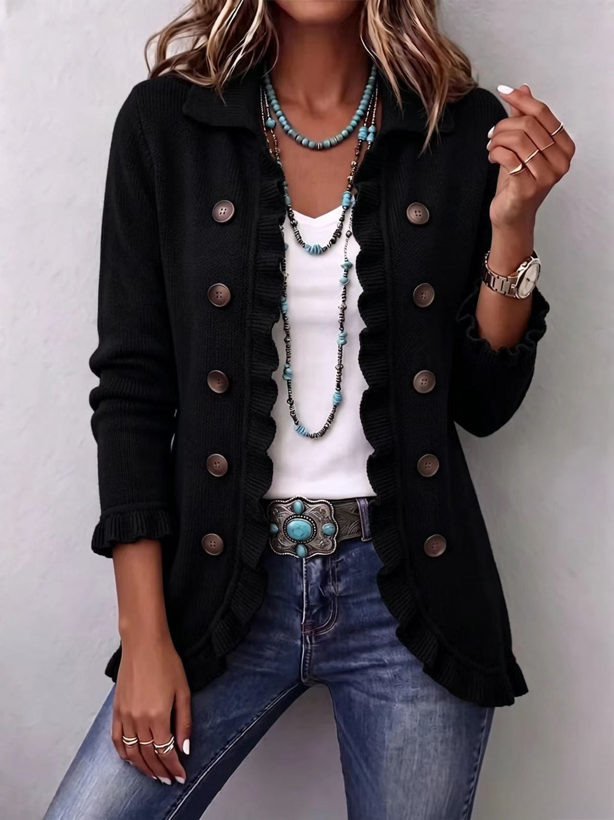 🤲LAST DAY SAVE 49% ⏰Turquoise Ruffle Trim Double-Breasted Knit Cardigan