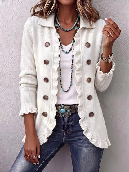 🤲LAST DAY SAVE 49% ⏰Turquoise Ruffle Trim Double-Breasted Knit Cardigan