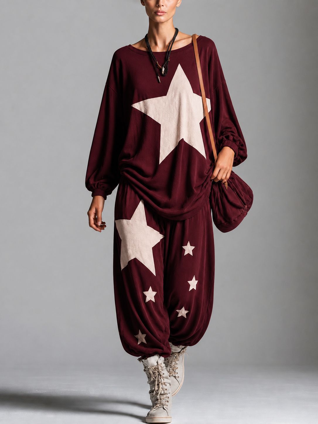 🤲LAST DAY SAVE 49% ⏰Relaxed-fit Casual Cotton Sweatshirt Set With "star Patchwork" And Raw-edge Detailing
