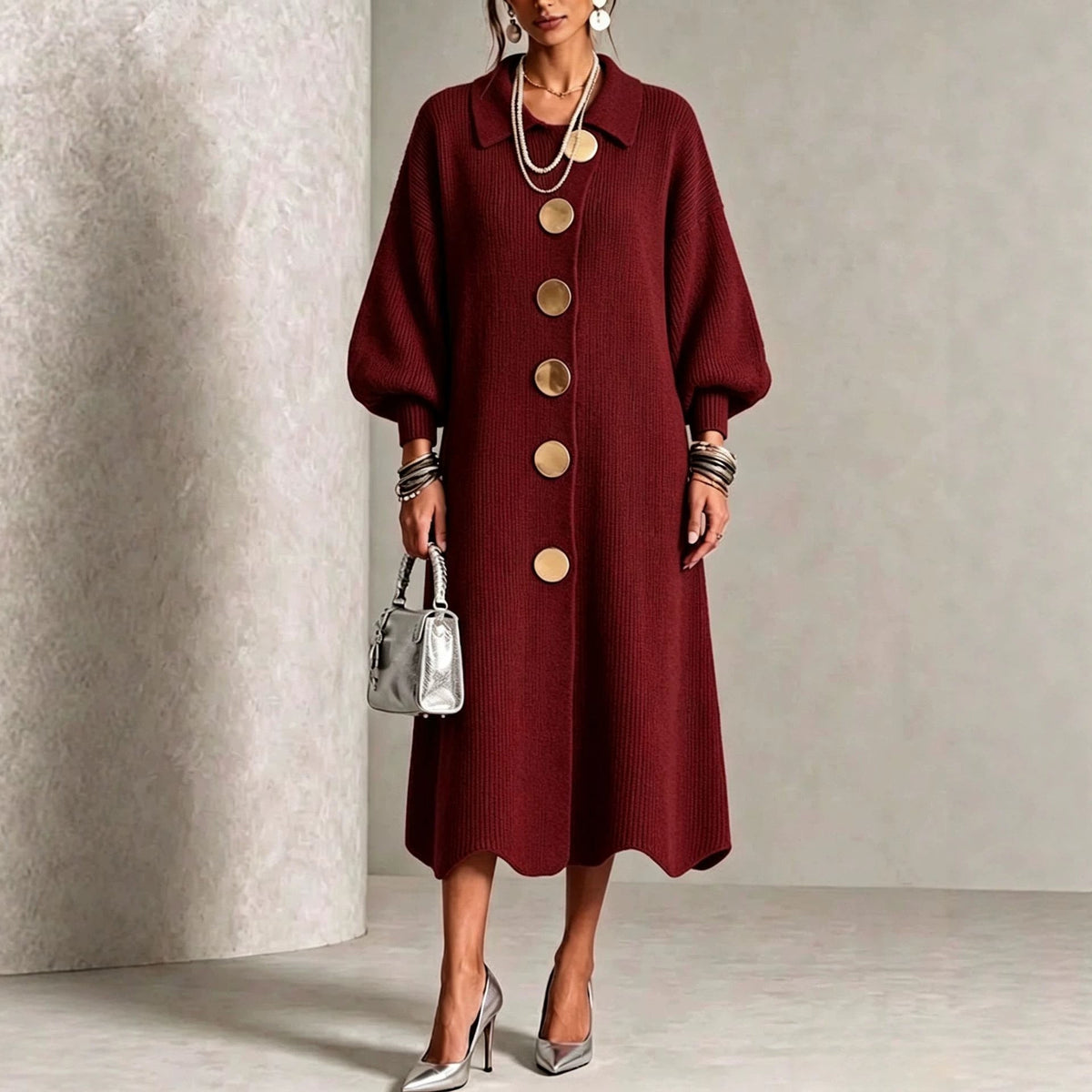 🤲LAST DAY SAVE 49% ⏰Long-sleeve Knit Dress With A Large Metal Buckle, Lapel Collar, And Lantern Sleeves