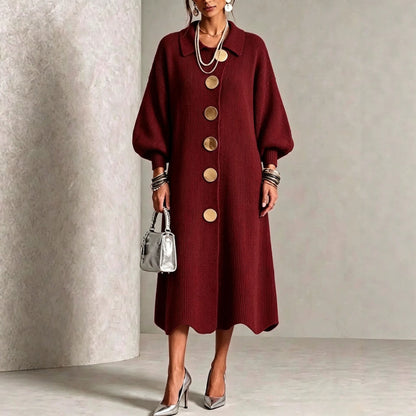 🤲LAST DAY SAVE 49% ⏰Long-sleeve Knit Dress With A Large Metal Buckle, Lapel Collar, And Lantern Sleeves