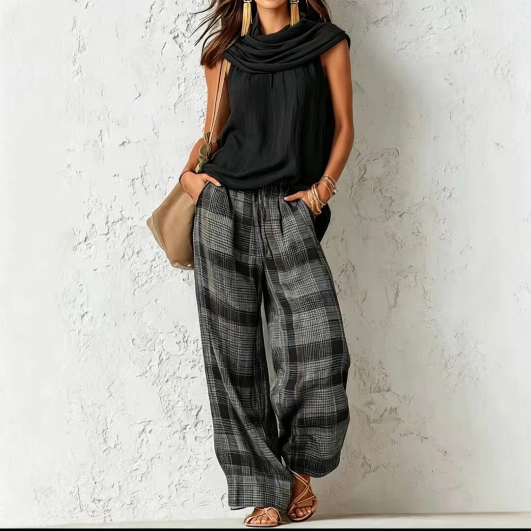 🌷Women's Vintage-Inspired Casual Chic Sleeveless Top And Plaid Trousers Set