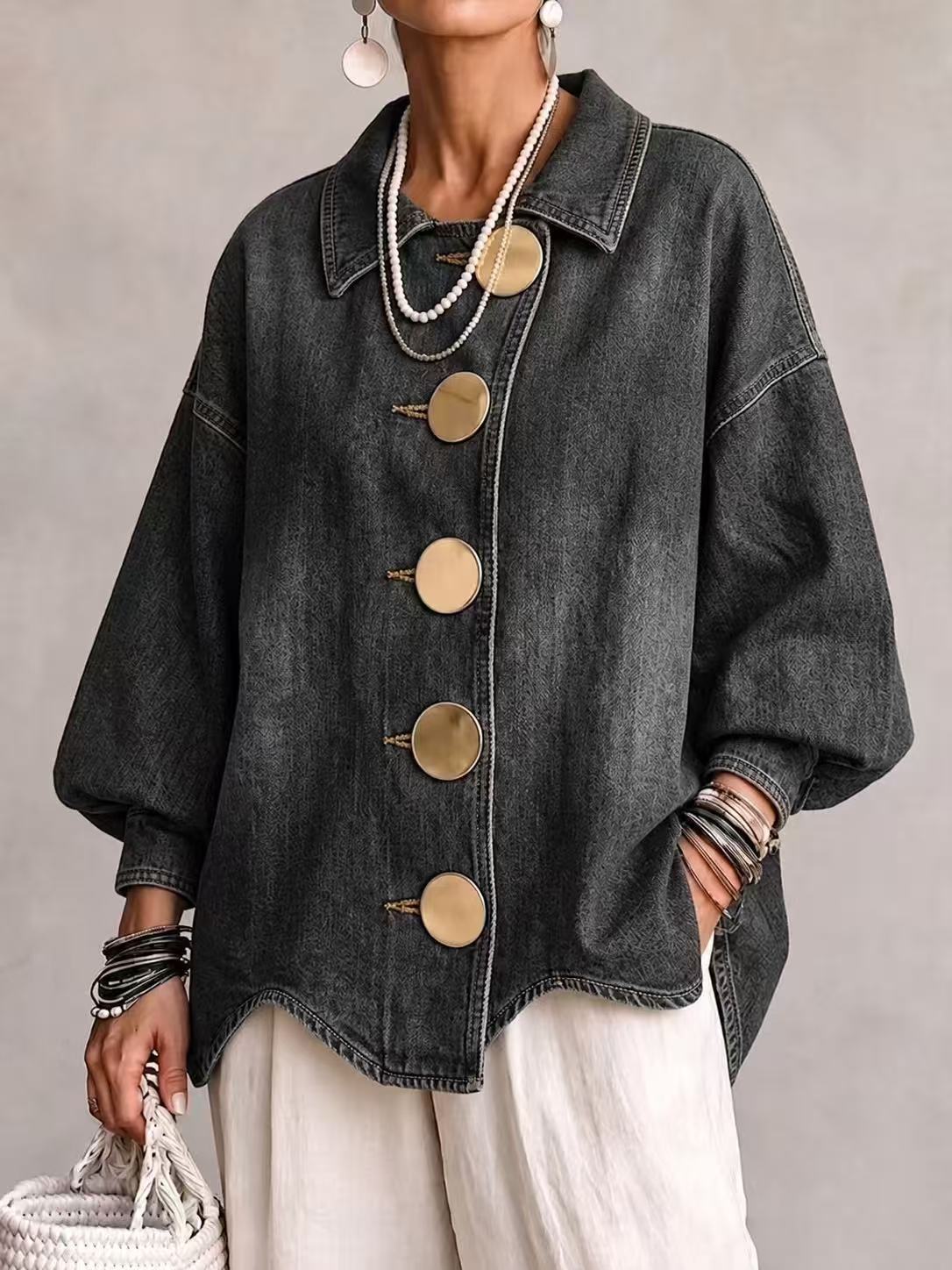 🤲LAST DAY SAVE 49% ⏰Collared Oversized Denim Jacket With Large Metal Buttons