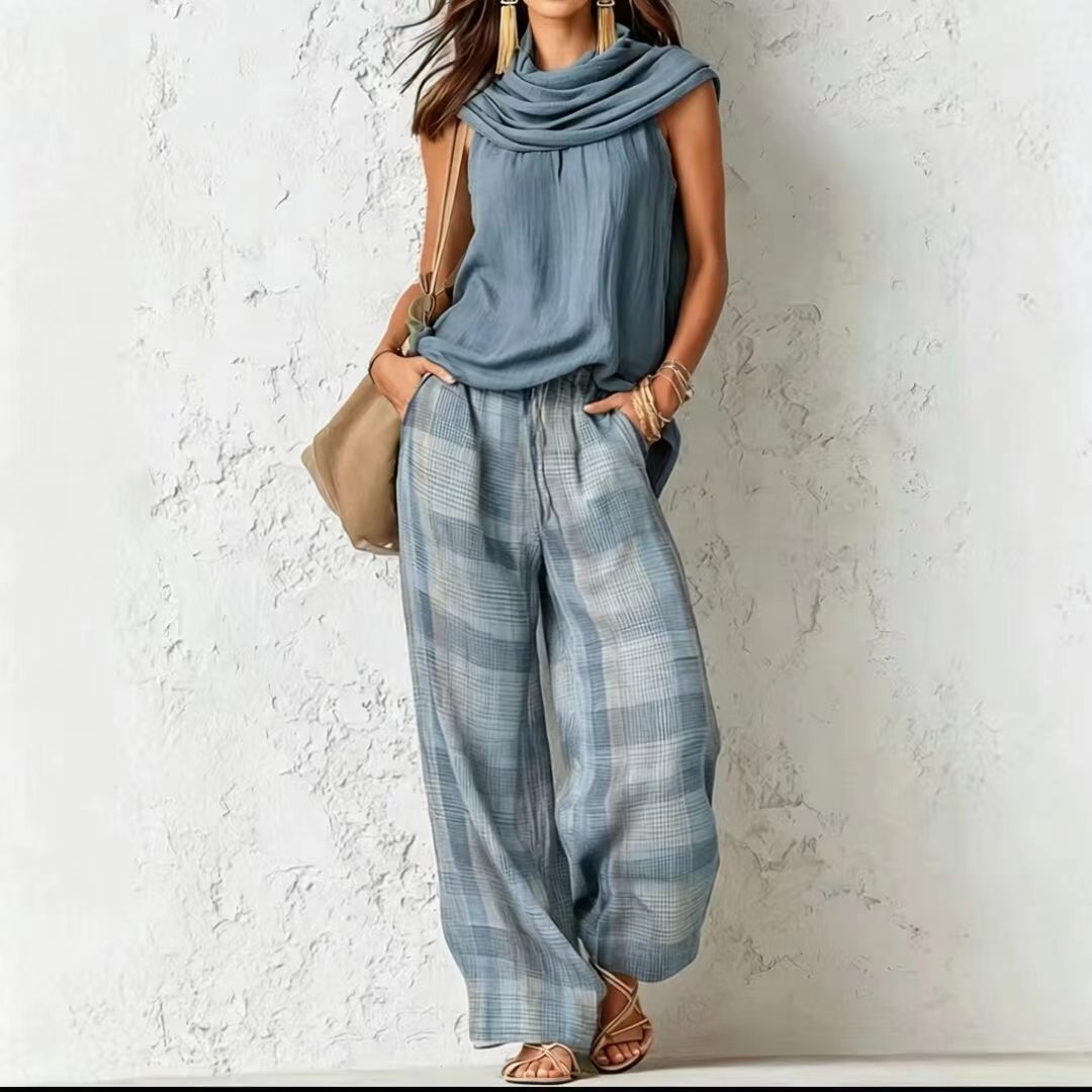 🌷Women's Vintage-Inspired Casual Chic Sleeveless Top And Plaid Trousers Set
