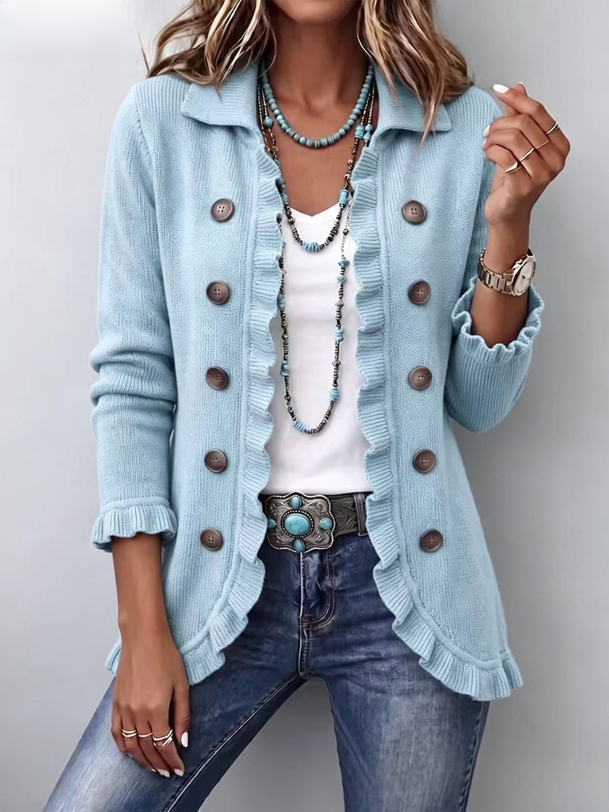 🤲LAST DAY SAVE 49% ⏰Turquoise Ruffle Trim Double-Breasted Knit Cardigan