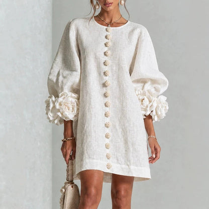 🤲LAST DAY SAVE 49% ⏰3D Floral Cuff Midi Dress – Relaxed A-Line Button Front