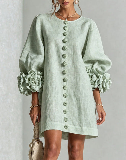 🤲LAST DAY SAVE 49% ⏰3D Floral Cuff Midi Dress – Relaxed A-Line Button Front