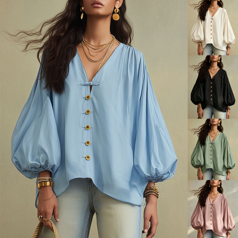 🌷Relaxed V-Neck Puff Sleeve Blouse – Effortless Everyday Style