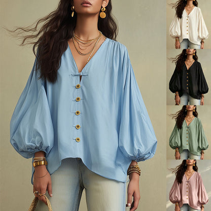 🌷Relaxed V-Neck Puff Sleeve Blouse – Effortless Everyday Style