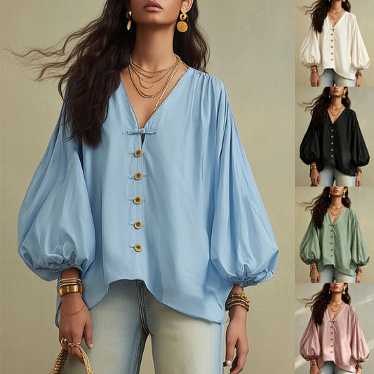 🌷Relaxed V-Neck Puff Sleeve Blouse – Effortless Everyday Style